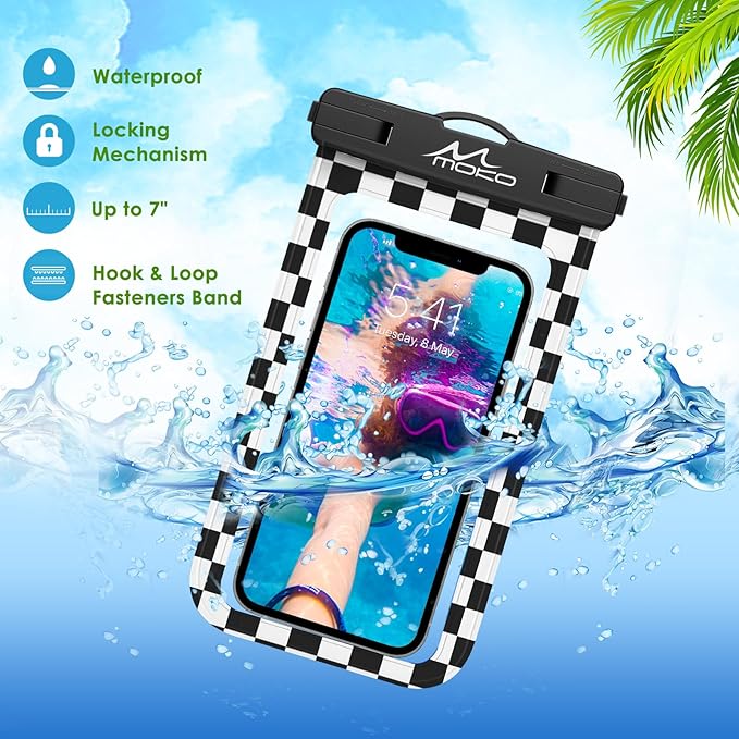 MoKo Waterproof Phone Pouch Holder, Cellphone Case Dry Bag with Lanyard Armband Compatible with iPhone 16 15 14 13 12 11 Pro Max, Samsung S24/S23/S21/S20/S10, Checkerboard