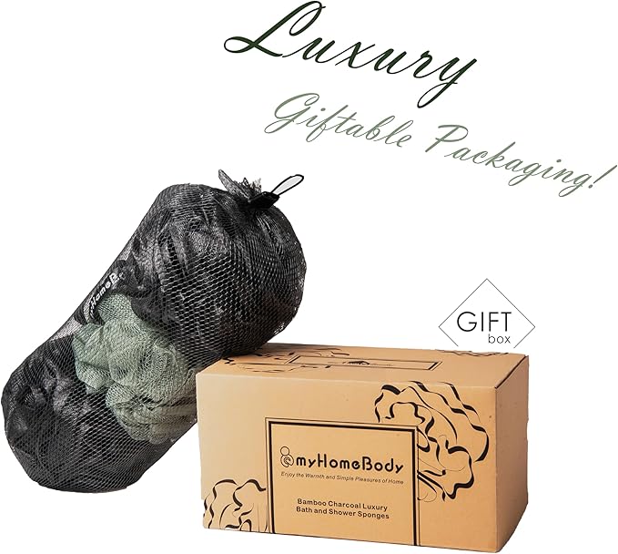 myHomeBody Large 70g Loofah Sponge, Bath Body Scrubber for Women, Men, Exfoliating Shower Pouf with Activated Charcoal - 2 Graphite Gray + 1 Sage Green, 3 Pack