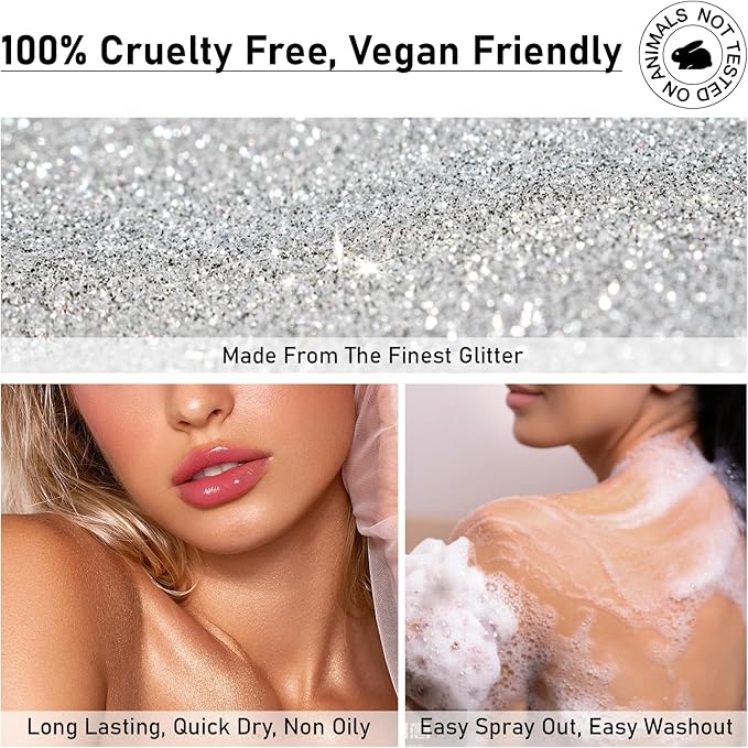 Body Glitter Spray, Silver Glitter Spray for Hair Body and Clothes, Shimmer Spray, Glitter Spray Highlighter Makeup for Festival Rave Stage Concert Party 4FL.OZ