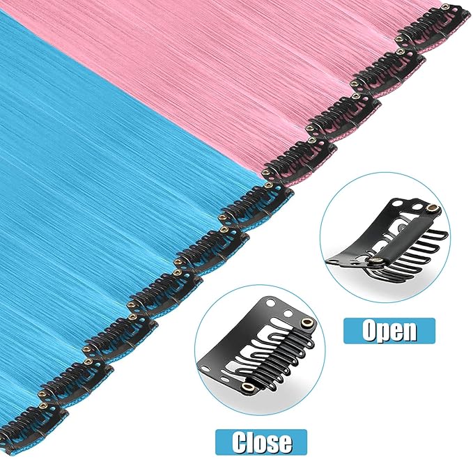 12 PCS Clip in Pink and Lake Blue Hair Extensions, 20 Inch Colorful Hair Accessories, Synthetic Straight Hairpiece for Kids Girls Women (Pink and Lake Blue)