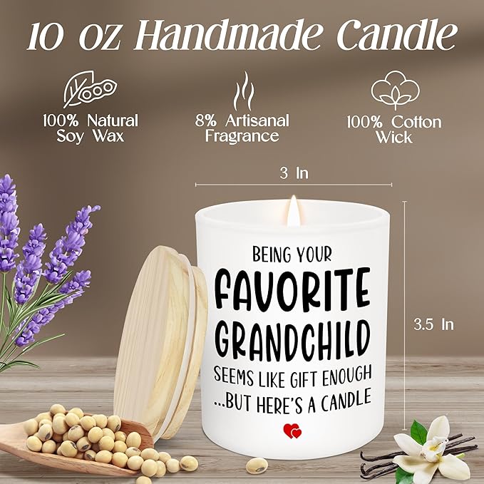 TEEZWONDER Mothers Day Gifts for Grandma - Favorite Grandchild Long Lasting Vanilla Lavender Candle 10 oz - Funny Mother's Day Fathers Day Birthday Gifts for Grandma Grandpa from Grandkids