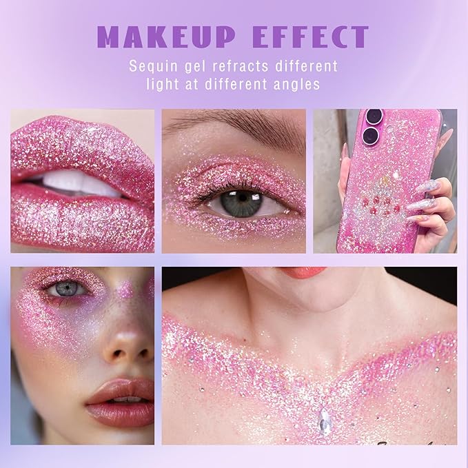 Roll-on Holographic Body Glitter Gel for Face Hair, Chameleon Color Changing Glitter Gel Under Light, Chunky Mermaid Sequins Festival Party Rave Accessories Shimmer Makeup (20# Pink)