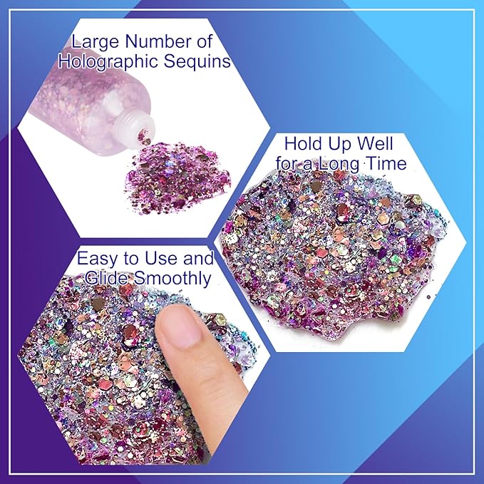 MEICOLY Chameleon Purple Face Body Glitter,Mardi Gras Outfit for Women,Mardi Gras Accessories,Chunky Glitter Face Paint,Color Changing Mermaid Face Glitter,Festival Glitter Makeup for Face Body Hair