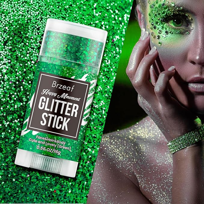 Brzeaf Waterproof Green Body Glitter Stick, Chunky Glitter for Face/Body/Hair/Eyes/Lip, Singer Concert Music Rave Festival, Glitter Stick Makeup & Face Glitter Gel for Women Men 0.56 OZ