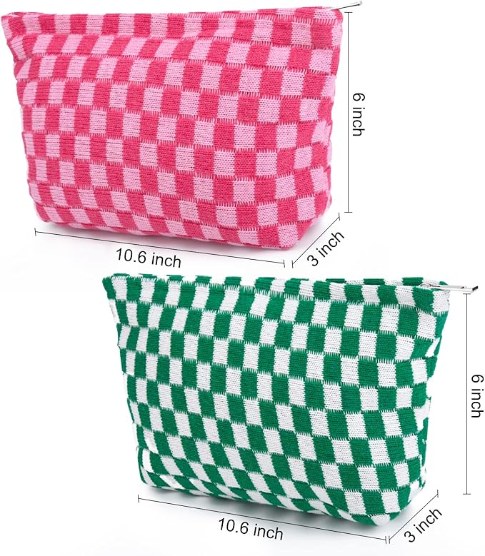 2 Pieces Makeup Bag Large Checkered Cosmetic Bag Capacity Canvas Travel Toiletry Bag Organizer Cute Makeup Brushes Aesthetic Accessories Storage Bag for Women, Checkered L Green Rose red