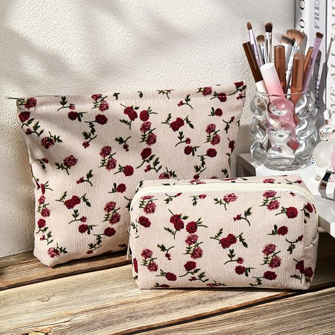 2 Pieces Rose Makeup Bag Large Corduroy Cosmetic Bag Capacity Canvas Mix Travel Toiletry Bag Organizer Cute Makeup Brushes Aesthetic Accessories Storage Bag for Women, Rose Mix White