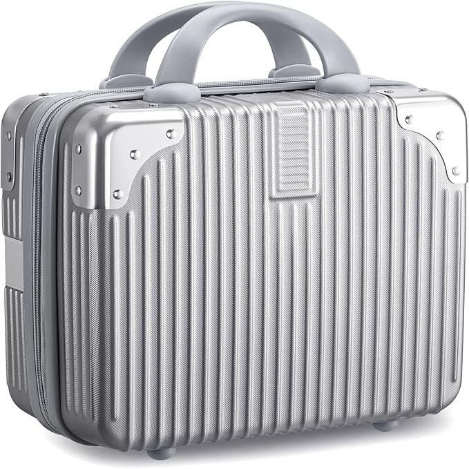Noverlife 14 Inch Hard Shell Cosmetic Case, Small Hard Case Makeup Travel Case with Elastic Band ABS Carrying Suitcase, Mini Carrying Makeup Suitcase Small Travel Hand Luggage Organizer - Silver