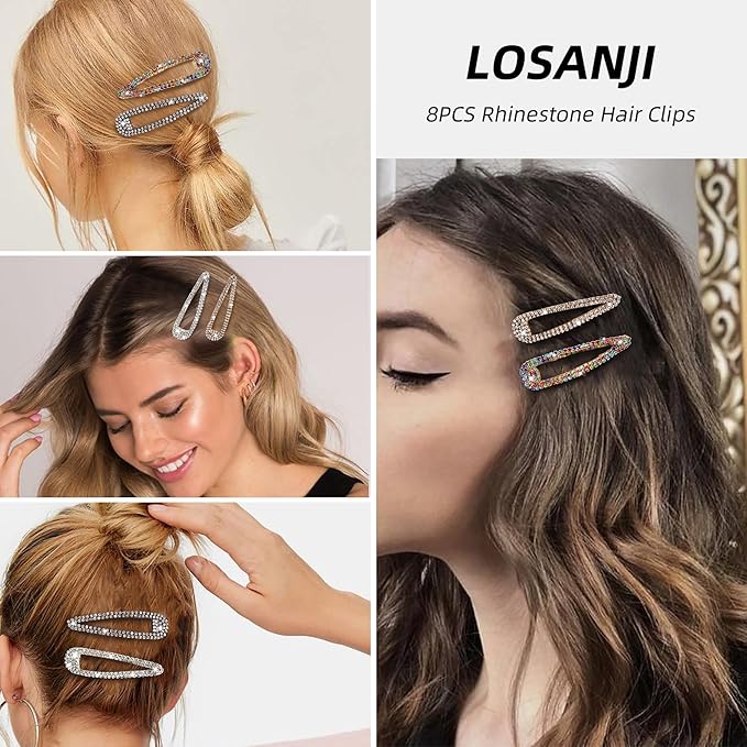 8PCS Rhinestone Hair Clips, Water Drop Crystal Hair Barrettes, Bling Metal Snap Duckbill Hairpins Sparkle Hair pin, Glittering Hair Accessories for Women Girls-Color, Gold, Silver, Black