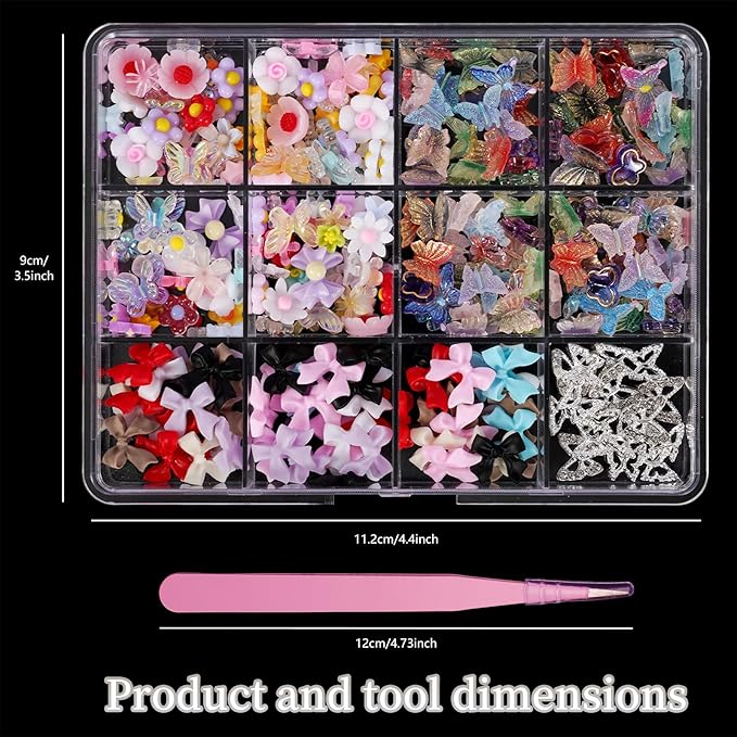 3D Butterfly Flower Nail Charms Acrylic Colorful Flowers Nail Charms with Starry AB Crystals Rhinestones Multi Sizes Pearls 2 Piece Set