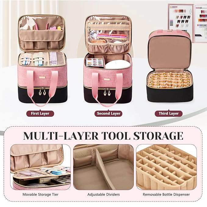 Nail Polish Organizer, Double Layer Nail Organizer and Storage Box Holds 42 Bottles & Nail Tech Kit Supplies, Large Capacity Nail Polish Organizer Case Carrying Bag