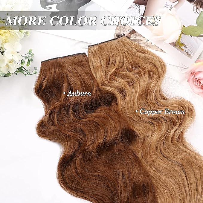 MORICA Invisible Wire Hair Extensions - 20 Inch Copper Brown Long Wavy Synthetic Hairpiece with Transparent Wire Adjustable Size, 4 Secure Clips for Women