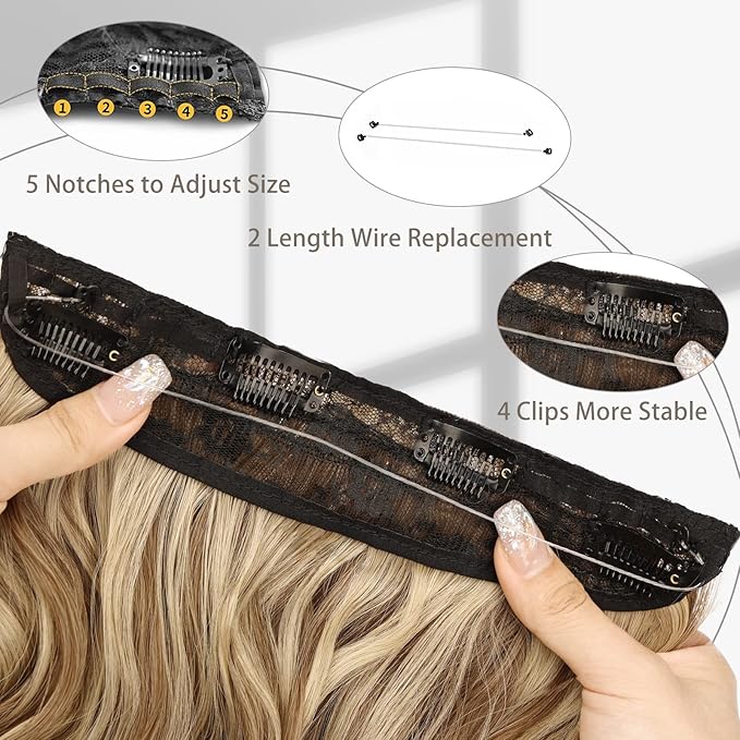 MORICA Invisible Wire Hair Extensions - 20 Inch Halo Hair Extensions Mixed Blonde Long Wavy Synthetic Hairpiece with Transparent Wire Adjustable Size, 4 Secure Clips for Women