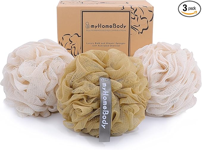 myHomeBody Large 70g Loofah Sponge, Body Scrubber, Bath Sponge, Loofah for Women, Men, Exfoliating Sponge Shower Pouf with Activated Charcoal - 2 Oat Milk + 1 Caramel, 3 Pack