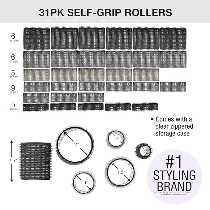 Conair Heatless Curlers 31 Count - Heatless Curls Overnight, Assorted Sizes - Self Grip Hair Rollers - Hair Styling Tools - Black & Gray - w/Storage Case