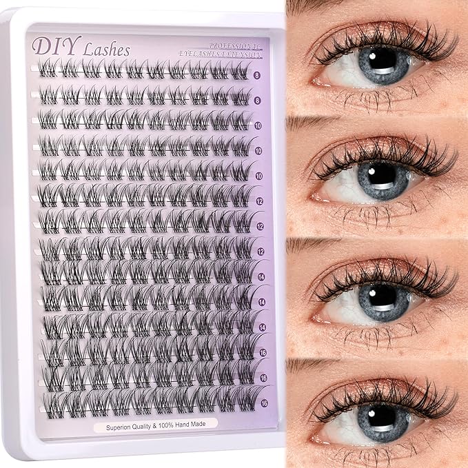 Natural Lash Clusters Kit Wispy Lash Invisible Lash Band Cluster Eyelash Extensions Kit 8-16mm Individual Lashes Extension DIY D Curl Eyelash Clusters with Waterproof Clear Lash Band Clusters