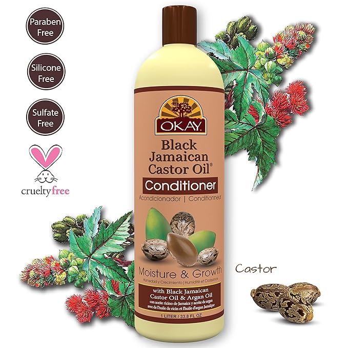 OKAY | Black Jamaican Castor Oil Conditioner | For All Hair Types & Textures | Revive - Moisturize - Grow Healthy Hair | With Argan Oil & Shea Butter | Free of Parabens, Silicones, Sulfates , White, 33 oz