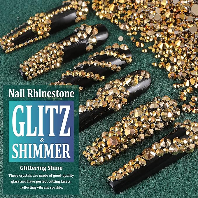 6 Sizes Gold Glass Crystal Kit with Pickup Pen + Tweezer Tools for Shine Nail Art Manicure Makeup DIY Decoration Flatback Round Rhinestone Gem Jewelry Diamond