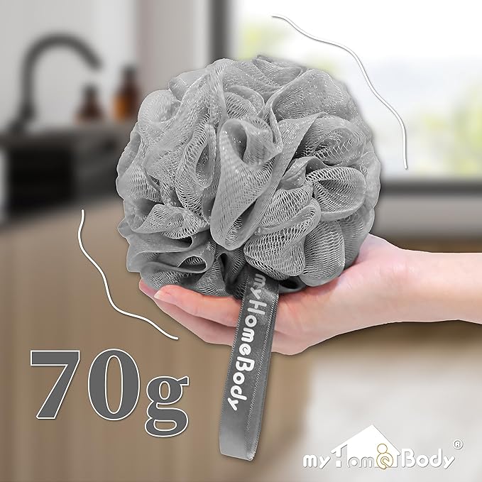 myHomeBody Large 70g Loofah Sponge, Body Scrubber, Bath Sponge, Loofah for Women, Men, Exfoliating Sponge Shower Pouf with Activated Charcoal - 2 Ultimate Gray + 1 Illuminating Yellow, 3 Pack