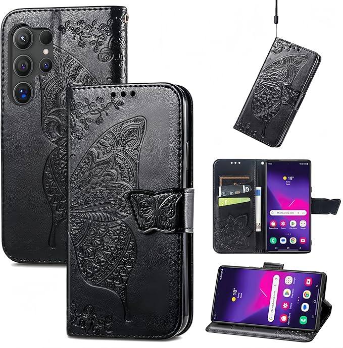 for Samsung Galaxy S25 Ultra Case Wallet PU Leather Credit Card Holder Full Body Cute Butterfly Design with Wrist Strap Soft TPU Bumper Full Body Protective Phone Case for Girls Women Black