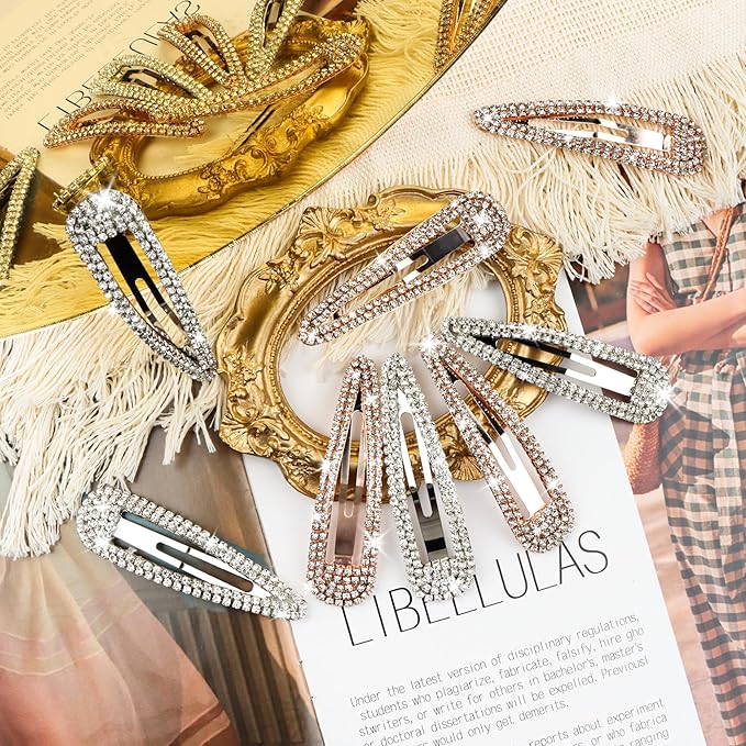 8PCS Rhinestone Hair Clips, Water Drop Crystal Hair Barrettes, Bling Metal Snap Duckbill Hairpins Sparkle Hair pin, Glittering Hair Accessories for Women Girls-Color, Gold, Silver