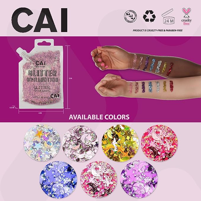 Hair Glitter Gel; Body Glitter & Face Glitter for Women/Kids(6 Pc Unicorn Bundle) Chunky Iridescent Holograph Stars & Moon Bag, Roll-On Body, Body Spray, Body Jewels, 10 Color Eye, Eyelashes