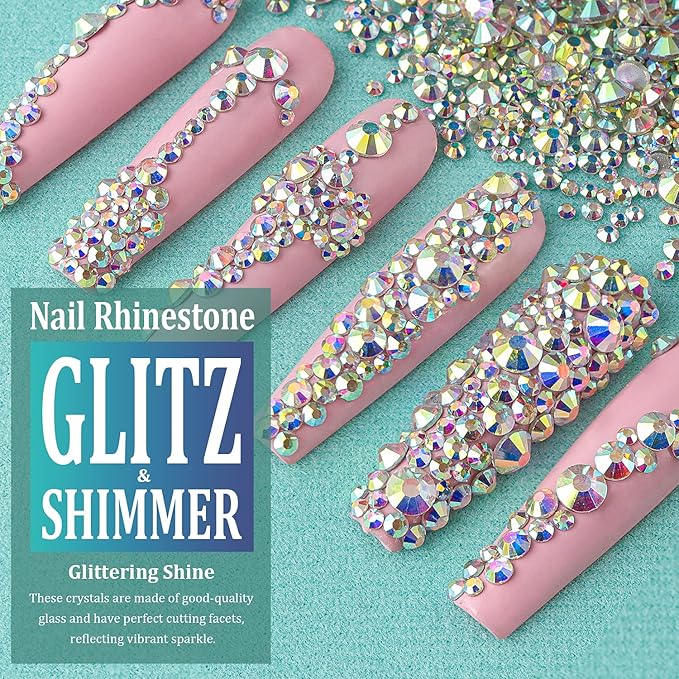 6 Sizes AB Glass Crystal Kit with Pickup Pen + Tweezer Tools for Iridescent Shine Nail Art Manicure Makeup DIY Decoration Flatback Round Rhinestone Gem Jewelry Diamond