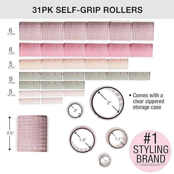Conair Heatless Curls Hair Roller - 31 Count, Assorted sizes & Colors - Pink, Gray & Purple - Overnight Curl Rollers w/storage case