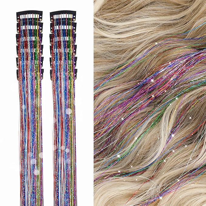 12Pcs Hair Tinsel Clip in Glitter Tinsel Hair Extensions 19.6Inch Clip in Hair Tinsel Kit Heat Resistant Shiny Sparkly Fairy Hair Accessories for Women Girls Kids (Colorful)