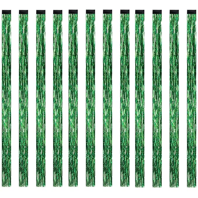 12PCS Tinsel Hair Extensions Glitter Hair Extension Clip in Gold Sparkling Fairy Hair Tinsel Kit Shiny Highlights Colorful Heat Resistant Hair Accessories for Girls New Year Party(Green)