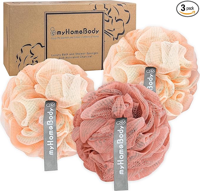 myHomeBody 60g Loofah Sponge, Body Scrubber, Bath Sponge, Loofah for Women, Men, Exfoliating Sponge Shower Pouf with Activated Charcoal - 2 Peach + 1 Coral Red, 3 Pack