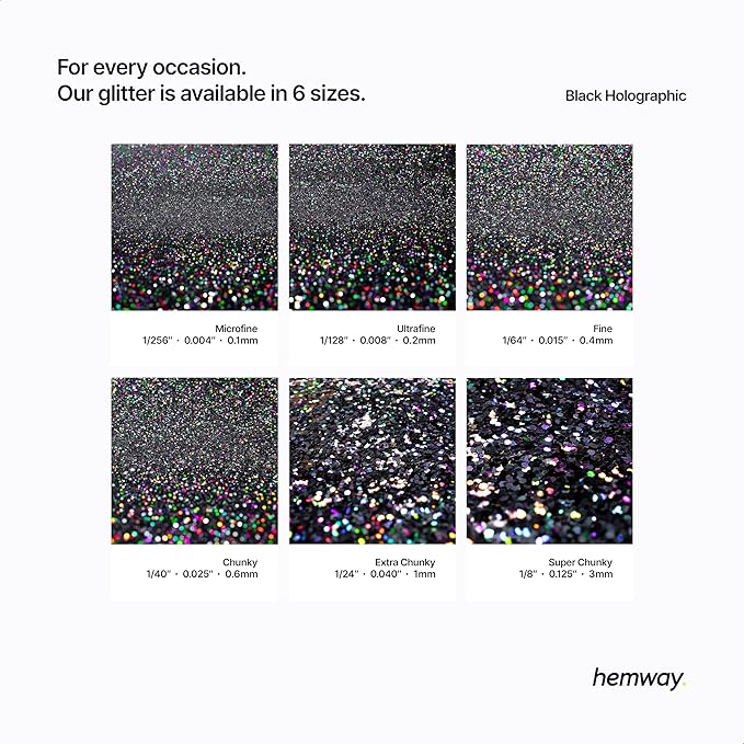 Hemway Premium Ultra Sparkle Glitter Multi Purpose Metallic Flake for Nail Art, Cosmetic Graded, Makeup, Festival, Party, Hair, Body and Eyes 100g / 3.5oz - Black Holographic