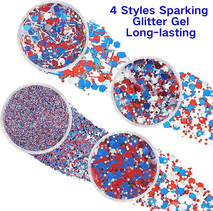 4 Jars Red Blue White USA Independent Day Flag Patriotic Face Glitter,4th of July Accessories Sparkle Body Glitter Face Paint,Fourth of July Festival Outfits for Women,40g/1.41 oz