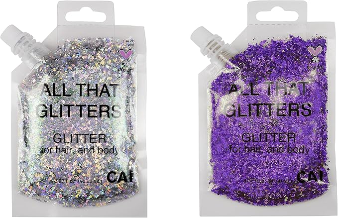 Hair Glitter Gel; Body Glitter & Face Glitter for Women/Kids (2 PK Silver/Purple) Moon & Stars; Iridescent Holograph Cosmetic Grade- Apply Without Glue, Easy to Take Off Keeps Skin Clean