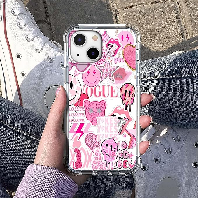 Case for iPhone 13 Mini with Pink Design,Aesthetic Hippie Indie Popular Elements Pattern,Shockproof Soft TPU Bumper Phone Cover(13mini,Pink)