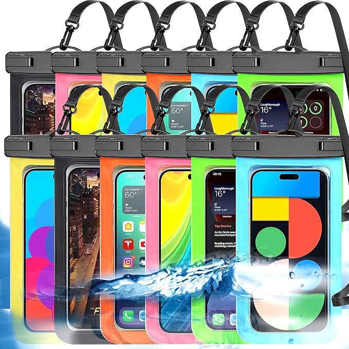 12 Pack Multicolor Universal Waterproof Phone Pouch, Large Phone Waterproof Case Dry Bag (Protection Level: IP68) Outdoor Sports for Apple iPhone,Samsung,and up to 7.5" (Multicolor 12 Pack)