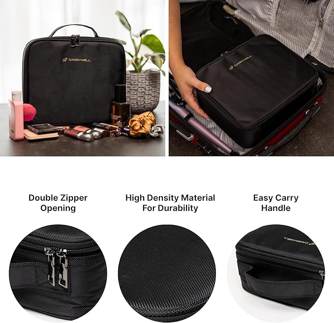 (Not Made In China) 2 Pack, Makeup Train Case, Cosmetic Bag, Portable Beauty Organizer and Storage Box With Adjustable Dividers For Make Up and Brushes (Black, Small)