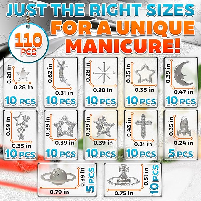110 Pcs Silver Nail Charms and Gems - Complete Art Set with Cross, Planet, Piercing Ring & Silver Star Nail Charms Designs with Rhinestones - Easy-to-Apply, Sturdy Acrylic for Stylish Manicures