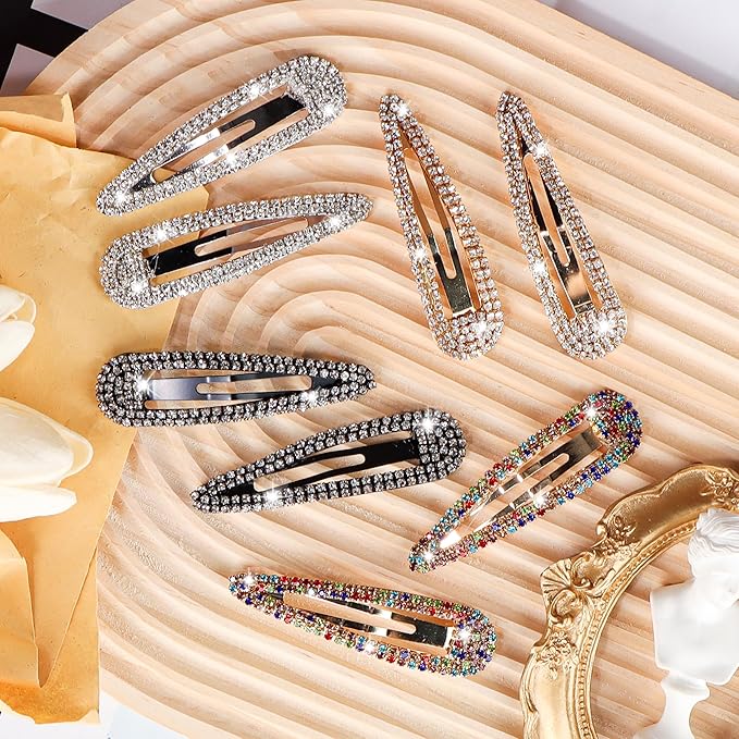 8PCS Rhinestone Hair Clips, Water Drop Crystal Hair Barrettes, Bling Metal Snap Duckbill Hairpins Sparkle Hair pin, Glittering Hair Accessories for Women Girls-Color, Gold, Silver, Black