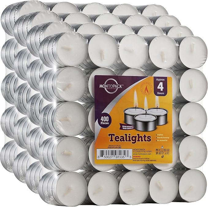 MontoPack Unscented Tea Light Candles 400 Pack | 4 Hours, White, Smokeless, Dripless Small Votive Paraffin Tealights | Long-Lasting for Home, Shabbat, Weddings, Events, Emergencies | Mini Candles Bulk