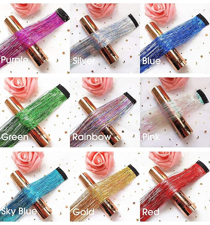 9 PCS Girls Hair Accessories Party Highlights Colorful Clip in Tinsel Hair Extensions,Synthetic Straight Long Hairpieces (Rainbow Color)