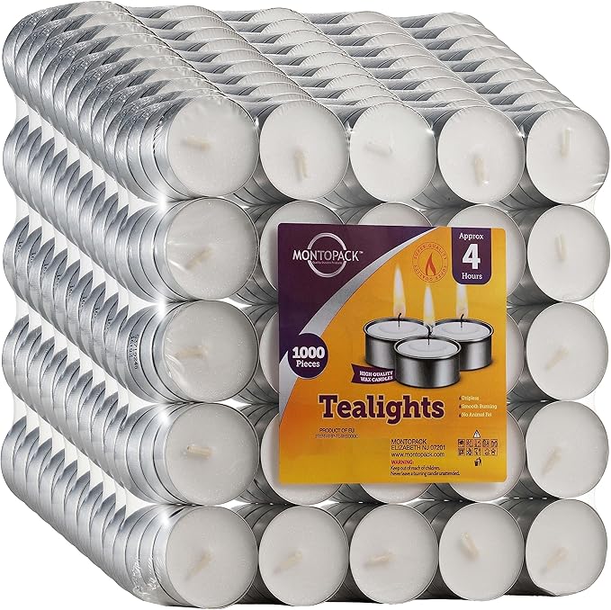 MontoPack Unscented Tea Light Candles Bulk 1000 Pack | 4 Hours, White,Smokeless,Dripless Small Votive Paraffin Tealights | Long-Lasting for Home, Shabbat, Weddings, Events, Emergencies | Mini Candles