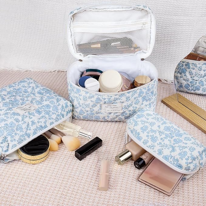 3PC Makeup Bag Set, Quilted Makeup Bag, Large Floral Cosmetic Bag for Women, Cute Cotton Makeup Bags, Flower Travel Toiletry Organizer Bag (Large Cherry)