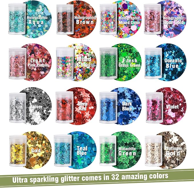 Teenitor Glitter, Chunky Glitter Mixed, Nail Glitter with Stars, Cosmetic Face Body Eye Hair Glitter, 32pcs