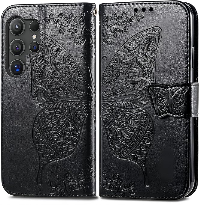 for Samsung Galaxy S25 Ultra Case Wallet PU Leather Credit Card Holder Full Body Cute Butterfly Design with Wrist Strap Soft TPU Bumper Full Body Protective Phone Case for Girls Women Black