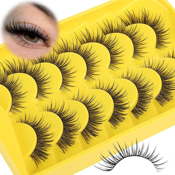 Natural Lashes Manga Eyelashes Cat Eye False Eyelashes Natural Look 18mm Anime Lashes Wispy Strip Lashes D-Curly Thin Band Unique Spikes 7 Pairs Fairy Mink Lashes Cosplay Fake Lashes