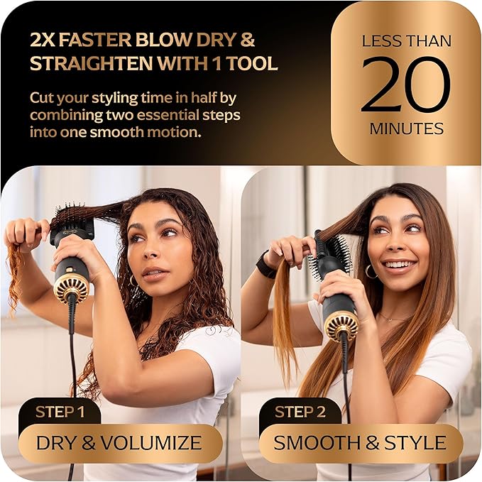 Blowout Brush Hair Dryer, Dual Voltage 3-in-1 Blow Drying Brush, Ionic Hair Straightener Comb Tool w/No Heat Damage, Light 1.3lb Blowout Tool, Blow Dryer Curling Wand and Hot Air Styler for All Types