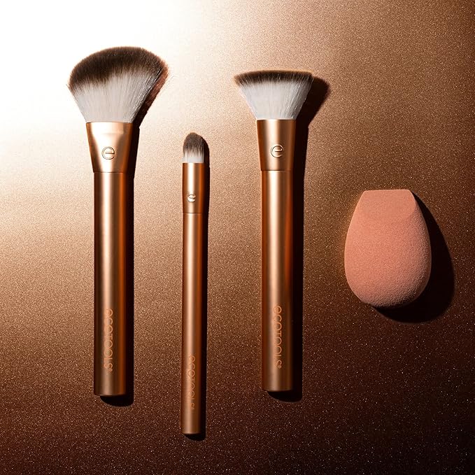 EcoTools Precious Metals Face Blend & Sculpt Set, Makeup Brush Set For Foundation, Concealer, & Powder, Makeup Sponge, Eco-Friendly, Recycled Aluminum, Chrome, Cruelty-Free, 4 Piece Set