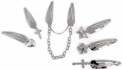 4Pcs Silver Metal Snap Hair Clips Chain Cross Heart Hair Barrettes Clips with Pendant Girls Hair Accessories，Hair Styling Accessories, Hair Care