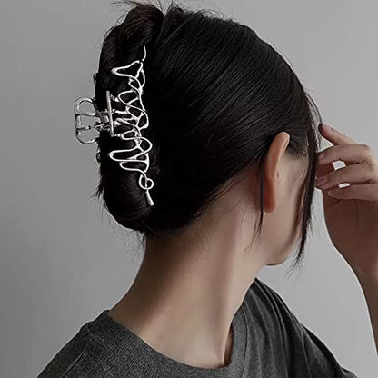 2 Pcs Large Metal Hair Claw Clips - Personality Nonslip Silver Hair Clamps,Perfect Jaw Hair Clamps For Women And Thinner-Thick Hair Styling-Strong Hold Hair-Fashion Hair Accessories