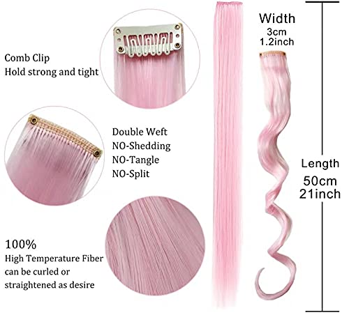 10 Pcs Colored Hair Extensions, Multi-colors Party Highlights Clip in Heat-Resistant Synthetic Hair Extensions 20 inch (Light Pink Sky Blue)